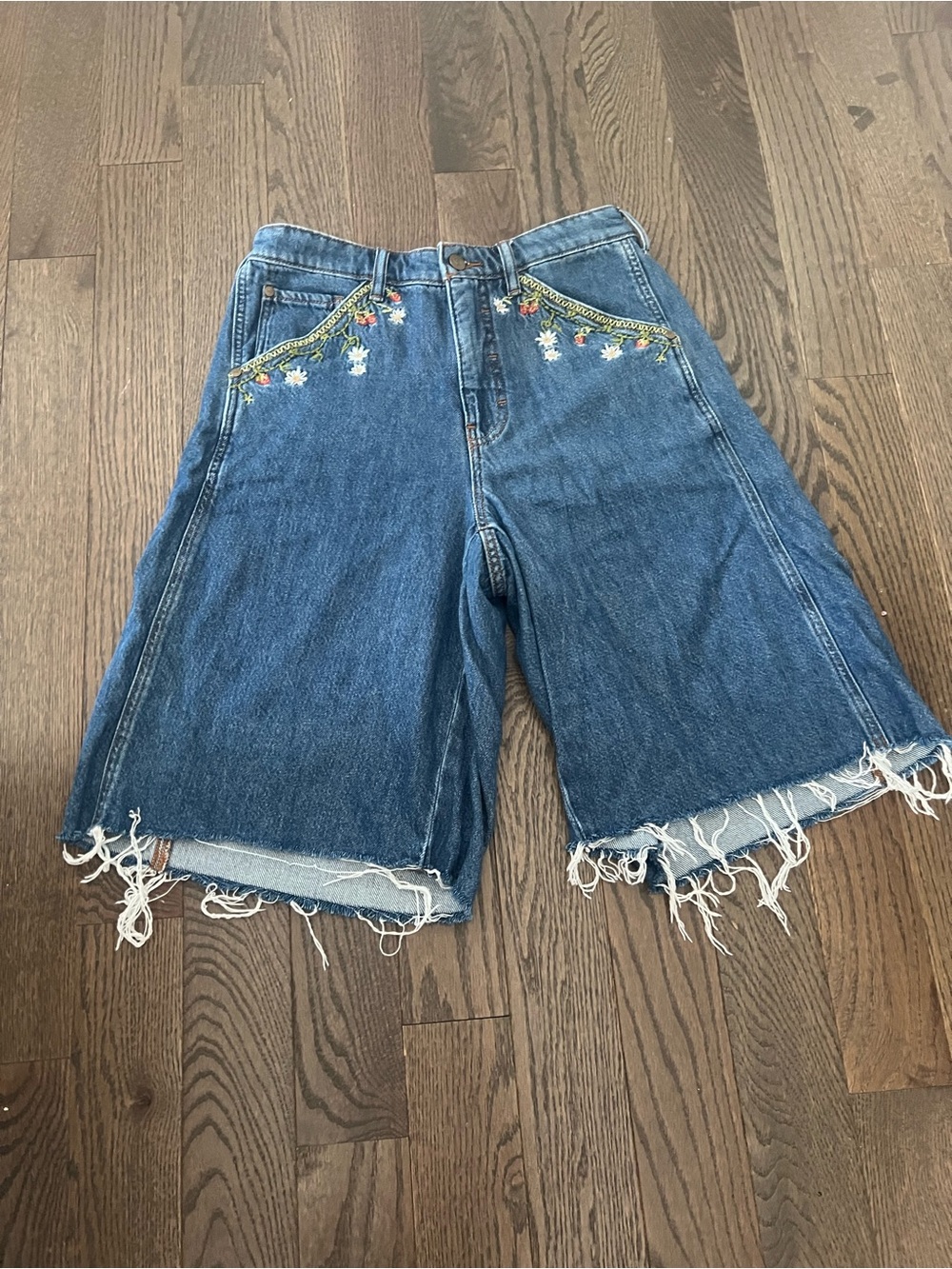 Embroidered Strawberry/floral Dark Blue Women's Denim Bermuda Shorts